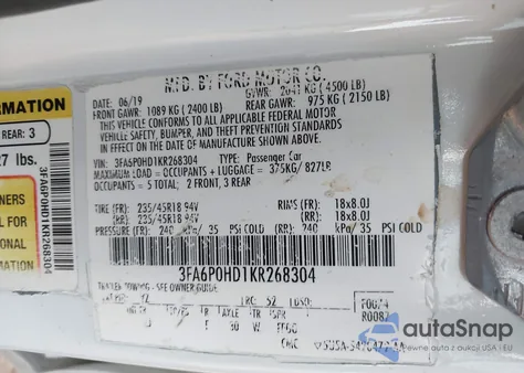 2019 Ford Fusion Se from USA, damaged, VIN 3FA6P0HD1KR268304
